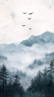 山间飞鸟伴雾霭森林