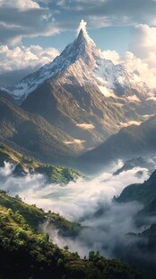 巍峨雪山云雾缭绕之景