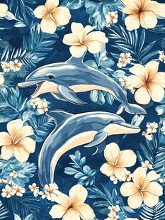 海豚与花卉的海洋风情画
