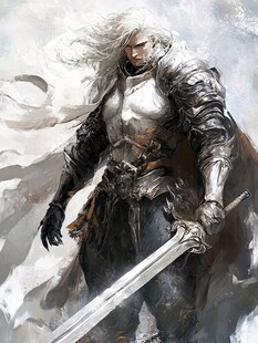 银发铠甲剑士持剑而立