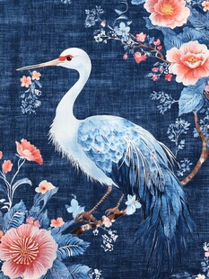 蓝底花鸟图中优雅白鹤