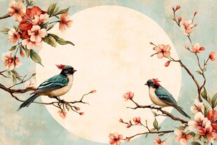 双鸟栖花伴月唯美图景