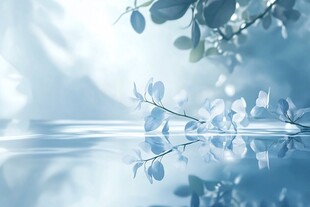 蓝调清新植物与水面倒影