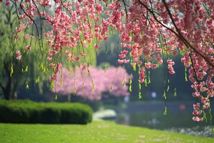 春日垂樱下的绿意美景
