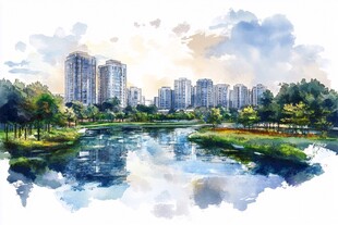 水彩绘就的城市河畔风光