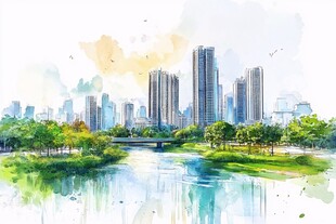 水彩绘就的城市河畔风光