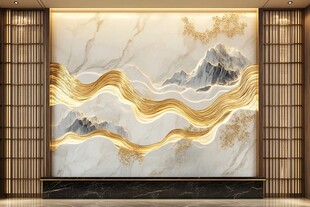 中式金纹山水艺术背景墙