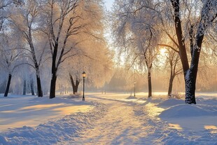 冬日晨景 雪覆树林与暖阳
