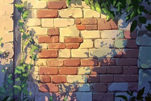 阳光下的砖墙与藤蔓