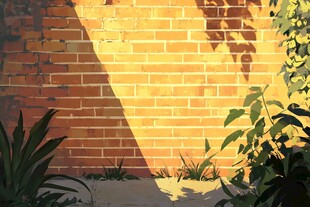 阳光下的砖墙与绿植