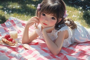 草地上野餐的可爱小女孩