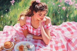 女孩惬意的草地野餐时光