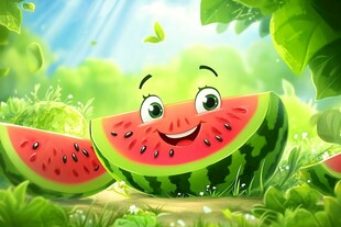 可爱西瓜在绿意盎然中