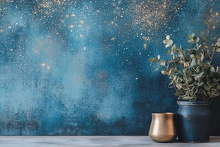 蓝金背景下的绿植与铜器