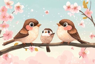 三只萌鸟栖于繁花枝头