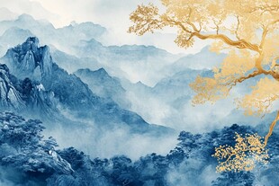 水墨山水间的金黄孤树