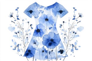 蓝花印花连衣裙水彩画