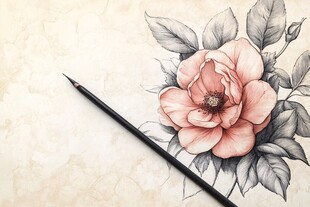 手绘粉花配铅笔艺术画面