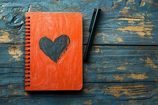 橙色爱心笔记本与笔