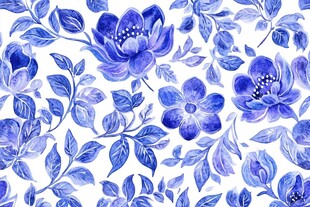 蓝白花卉水彩无缝图案