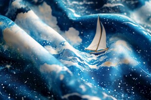 蓝色海洋上的孤独小帆船