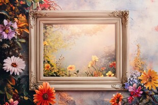 花卉环绕的复古画框世界