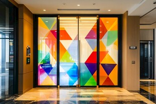 彩色几何图案装饰的玻璃门
