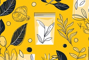 黄色背景植物茶叶袋插画