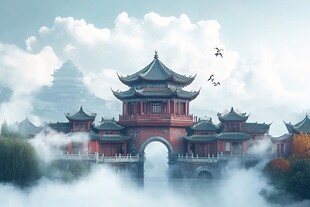 梦幻中式古建云雾缭绕图