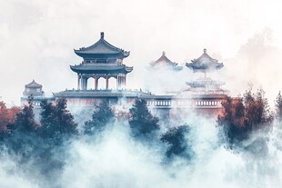 云雾中的古典楼阁美景