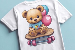 小熊滑板童趣T恤图案