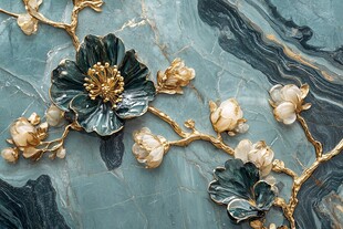 蓝底金绿花卉立体装饰画