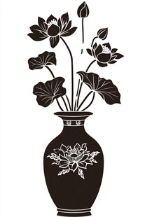 花瓶插荷花黑白图案