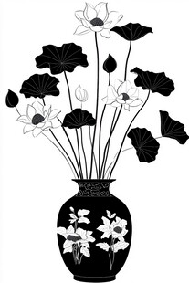 中式花瓶插荷黑白装饰画