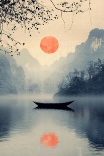 日暮江景孤舟图