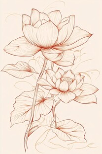 手绘中式荷花花卉线稿图