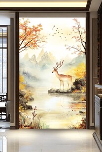 中式玄关处的鹿景山水图