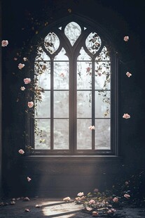 梦幻哥特风窗户与玫瑰飘落