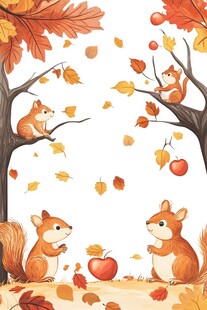 秋日松鼠与落叶苹果图景