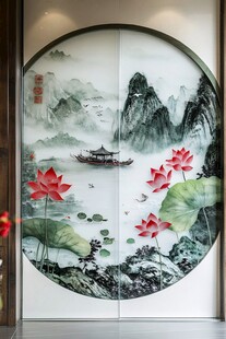 中式山水荷花圆形屏风画