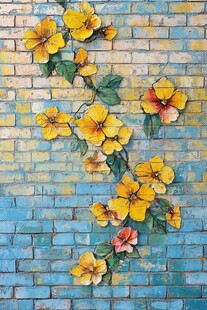 蓝砖墙上的绚烂立体花卉