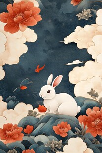 玉兔伴花栖 云间呈祥瑞