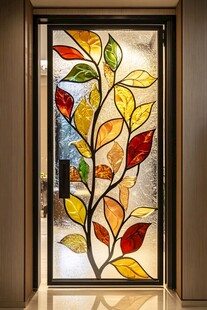 彩色树叶玻璃门艺术之美