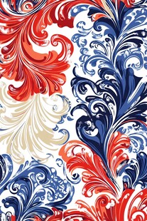 红蓝白绚丽花卉涡纹图案