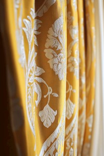 金黄花纹窗帘细节特写