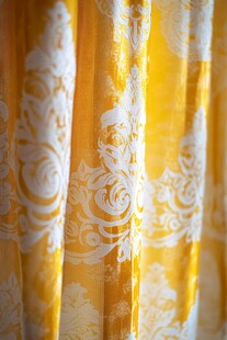 金黄花纹窗帘特写