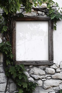 石墙上的复古相框与藤蔓
