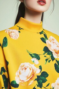 黄色花卉印花高领上衣