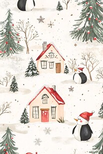 冬日雪景中的企鹅与小屋
