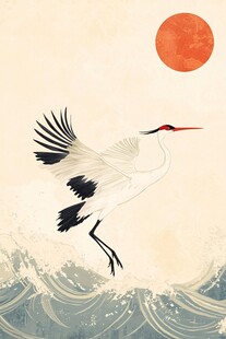 丹顶鹤于浪潮上振翅迎日